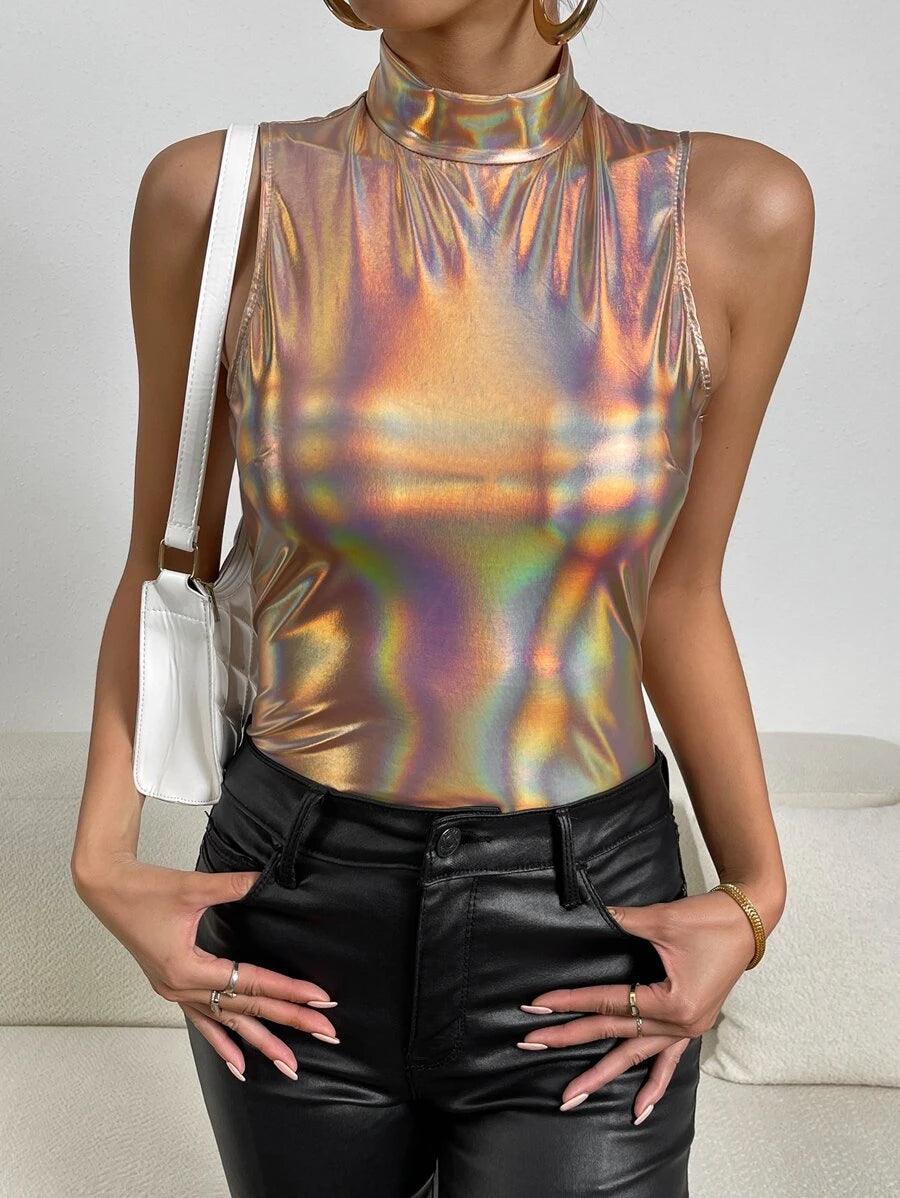 Holographic Mock Neck Tank Bodysuit-Comfy Jumpsuits