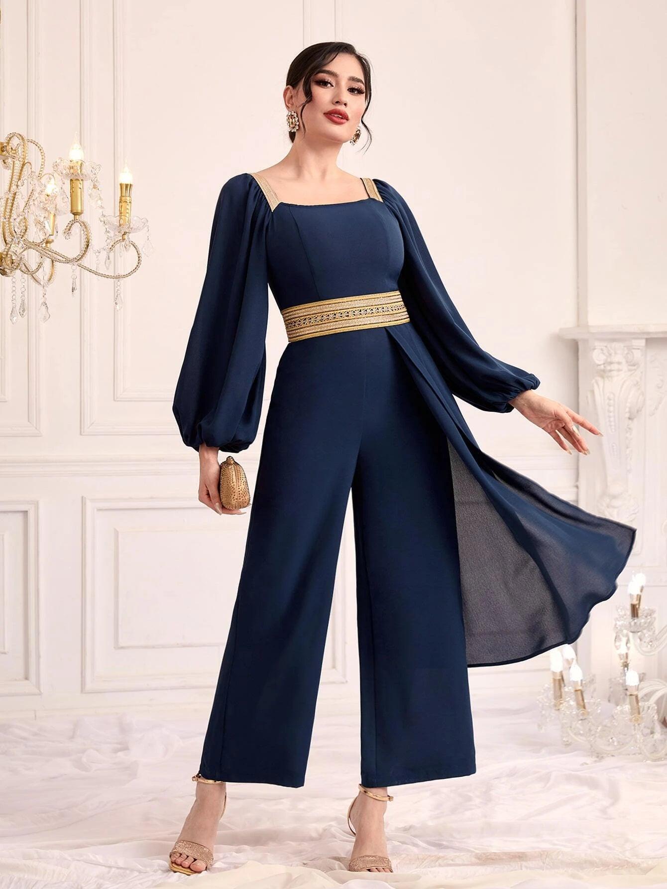 Square Neck Long Sleeve Jumpsuit-Comfy Jumpsuits
