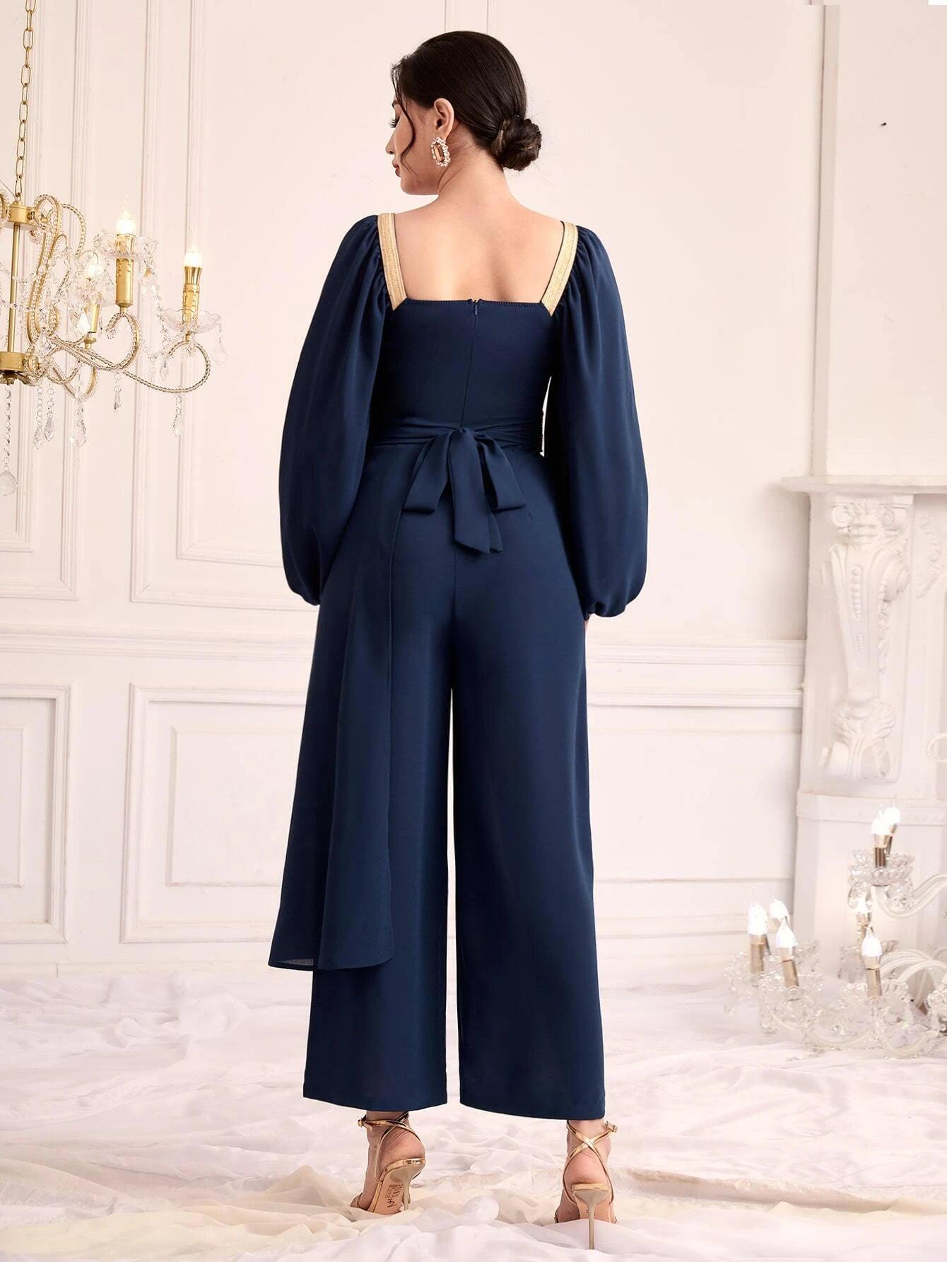 Square Neck Long Sleeve Jumpsuit-Comfy Jumpsuits