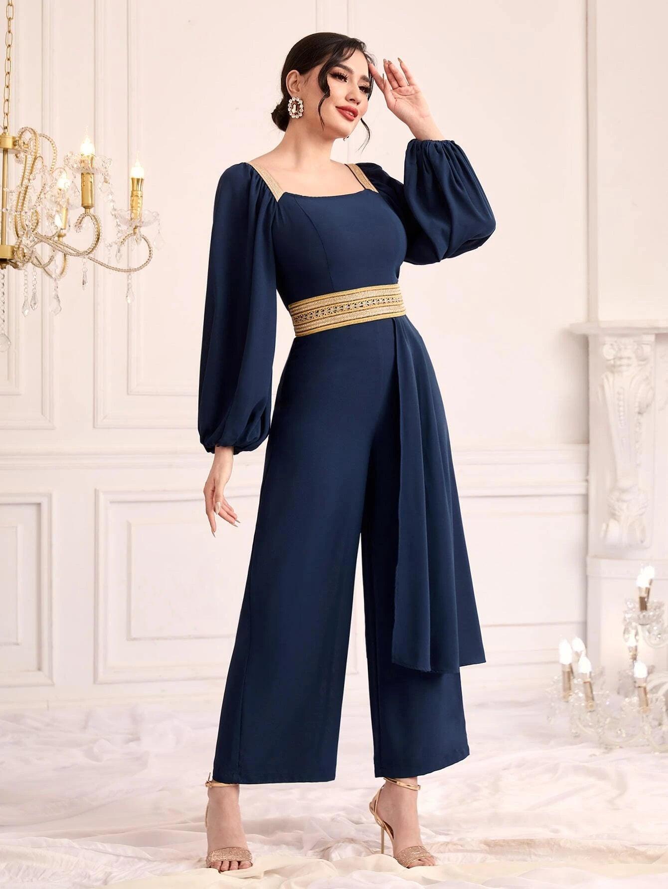 Square Neck Long Sleeve Jumpsuit-Comfy Jumpsuits