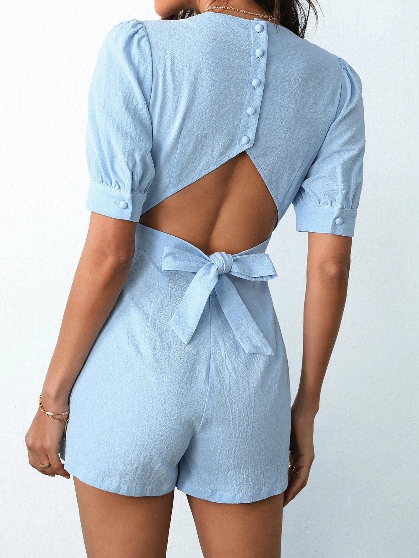 Button Back Puff Sleeve Tie Back Romper-Comfy Jumpsuits