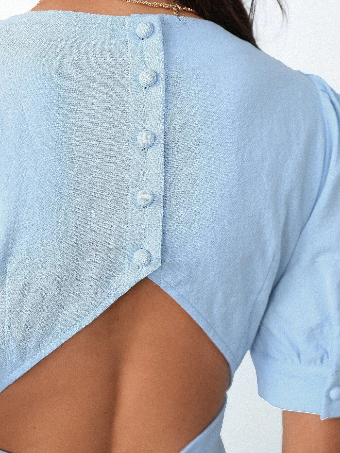 Button Back Puff Sleeve Tie Back Romper-Comfy Jumpsuits