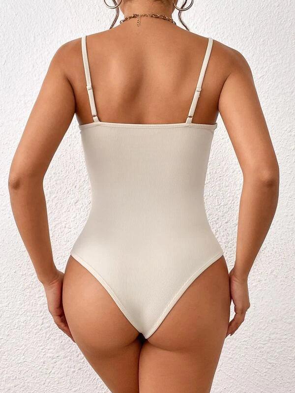 Lace Trim Casual Plain Cami Bodysuit-Comfy Jumpsuits