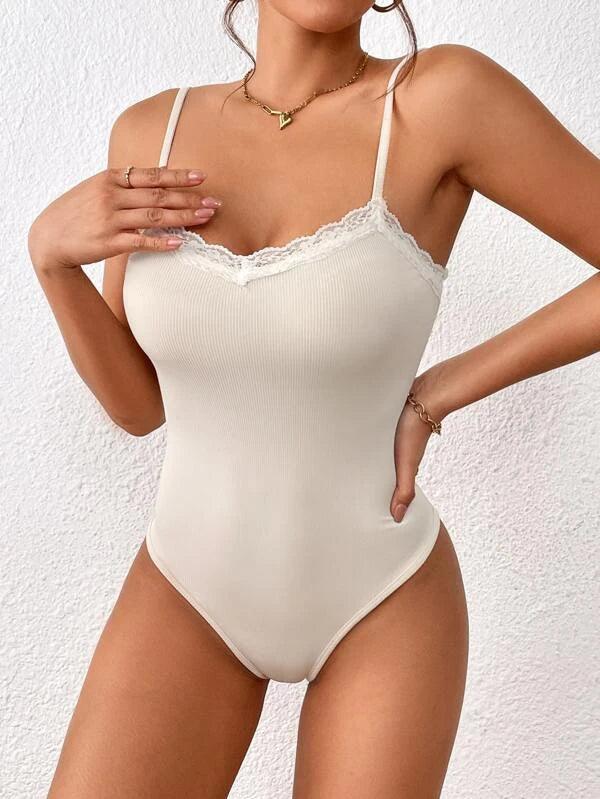 Lace Trim Casual Plain Cami Bodysuit-Comfy Jumpsuits