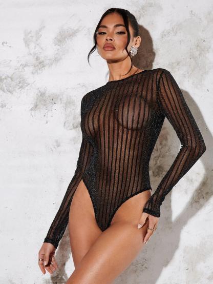 Striped Pattern Mesh Bodysuit-Comfy Jumpsuits