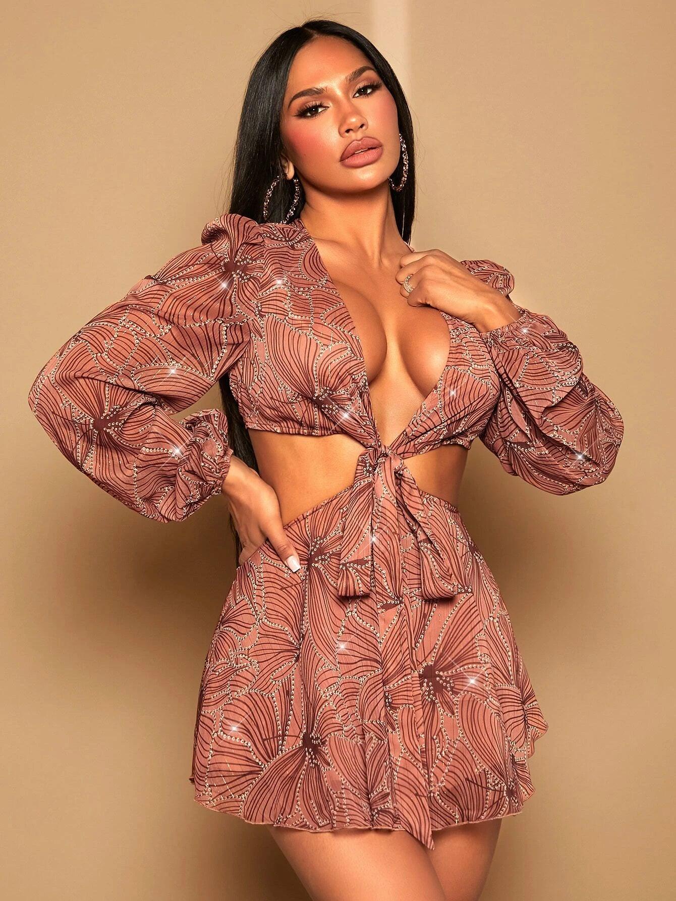 Allover Print Tie Front Romper-Comfy Jumpsuits