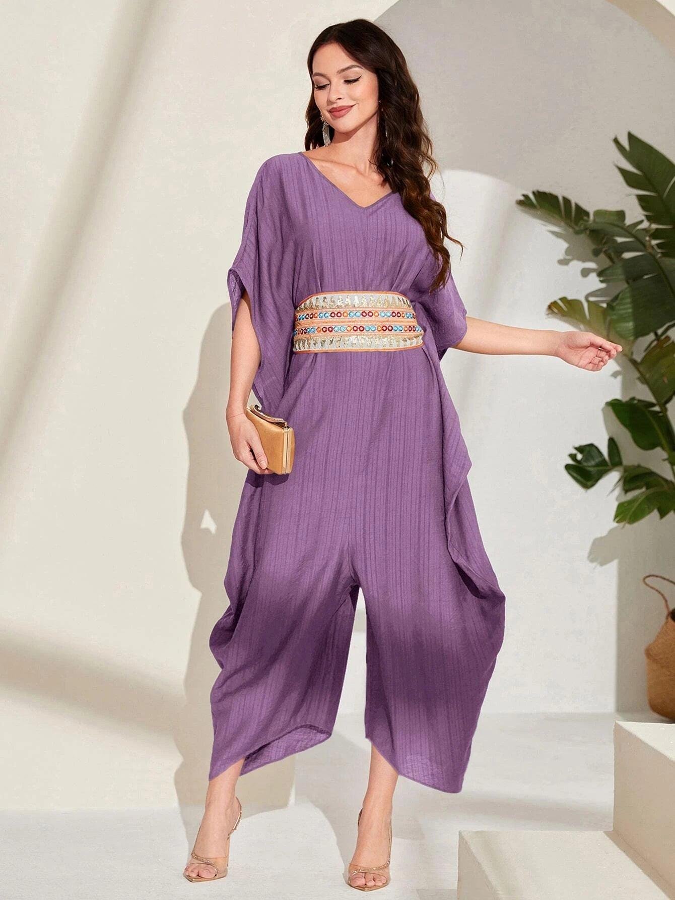 Embroidery Batwing Sleeve Belted Jumpsuit-Comfy Jumpsuits
