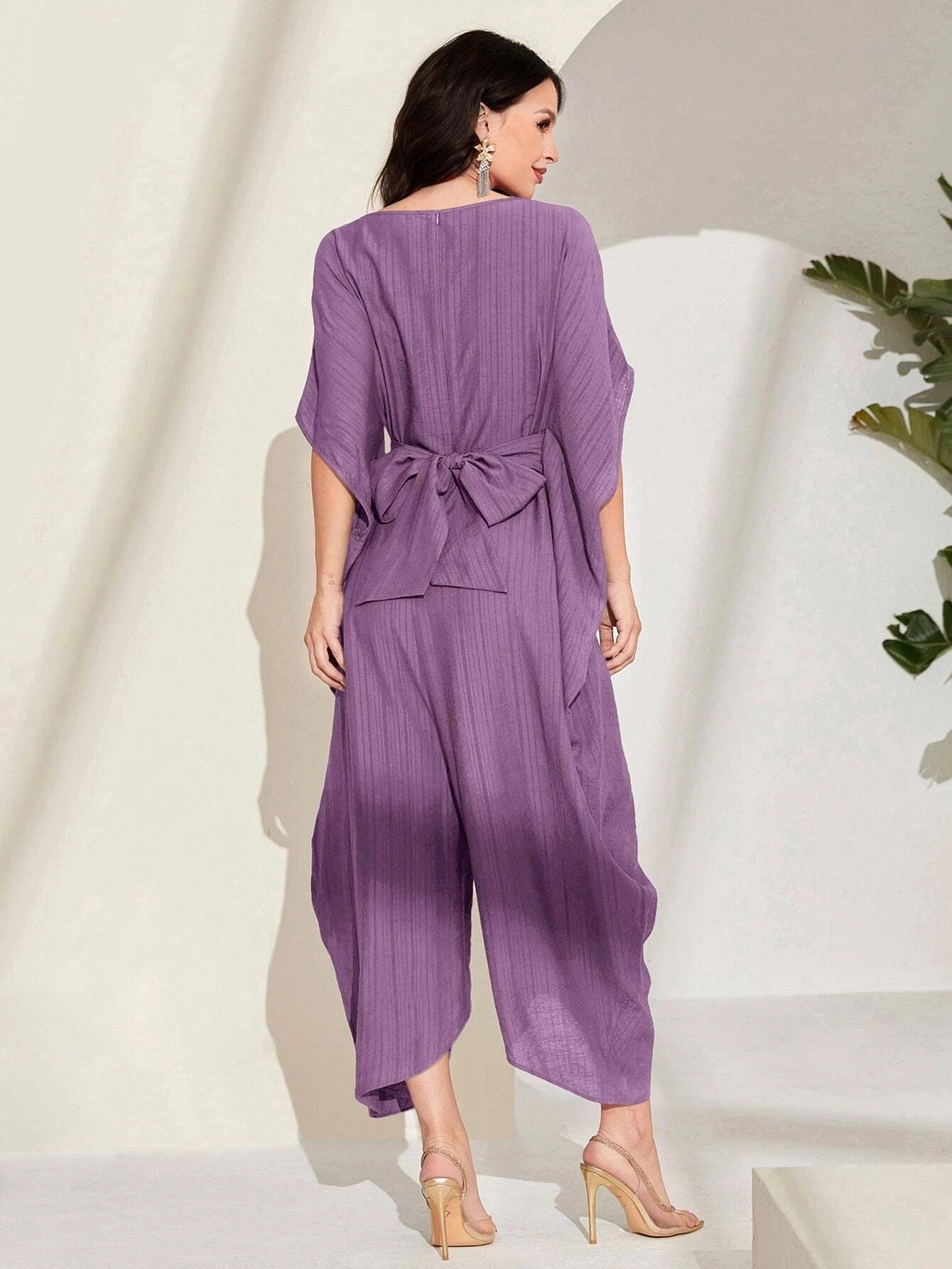 Embroidery Batwing Sleeve Belted Jumpsuit-Comfy Jumpsuits