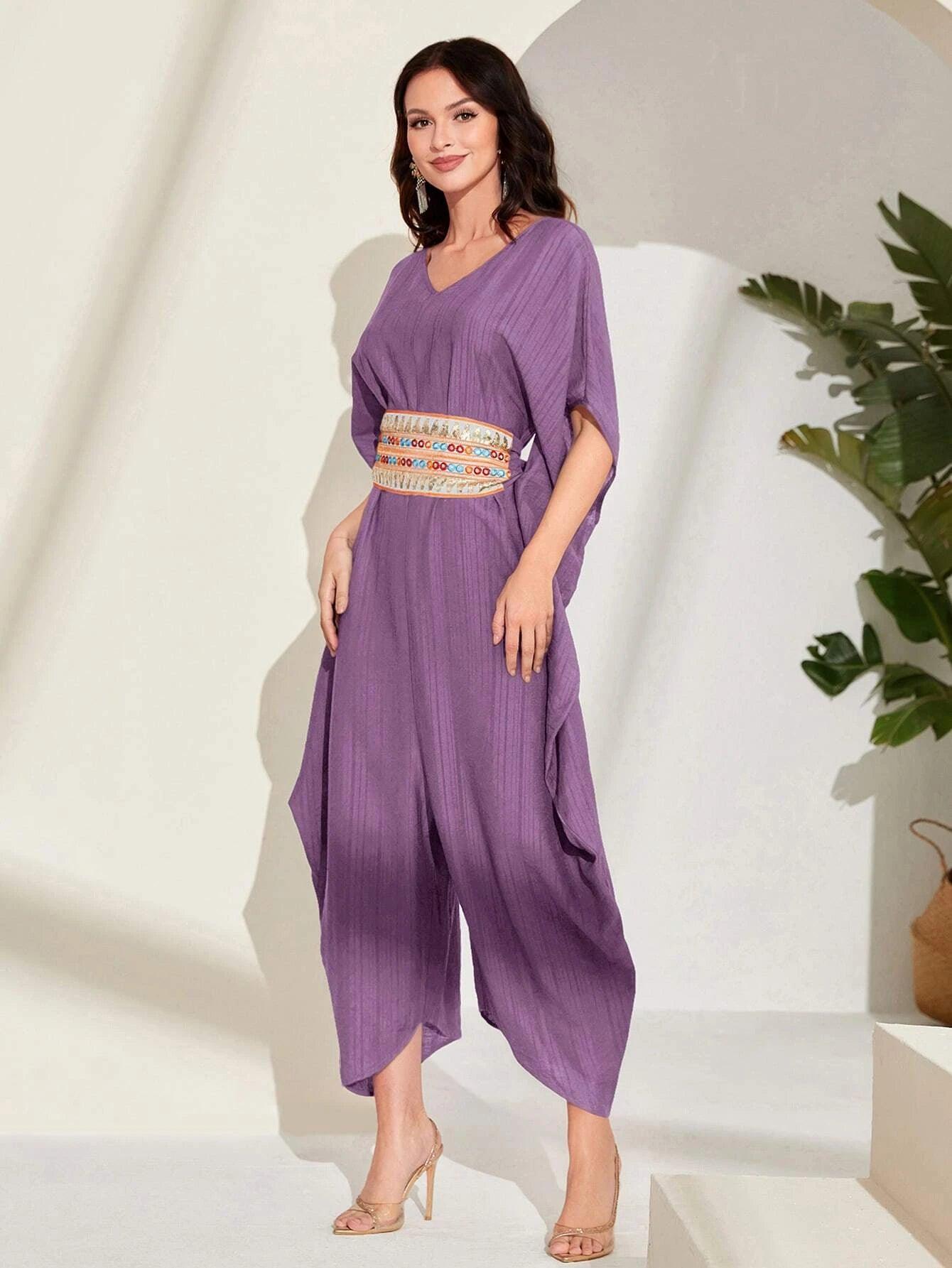 Embroidery Batwing Sleeve Belted Jumpsuit-Comfy Jumpsuits