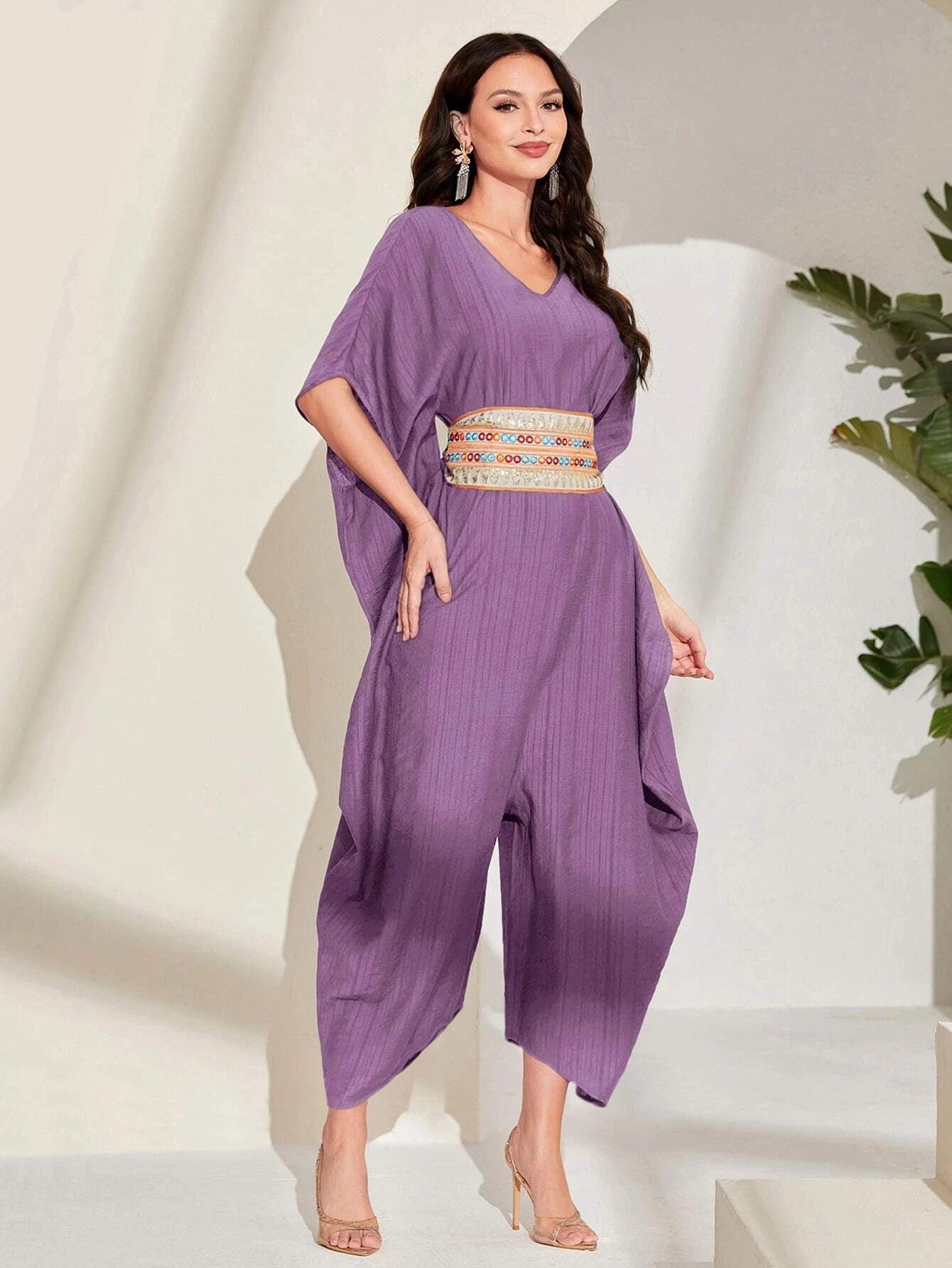 Embroidery Batwing Sleeve Belted Jumpsuit-Comfy Jumpsuits