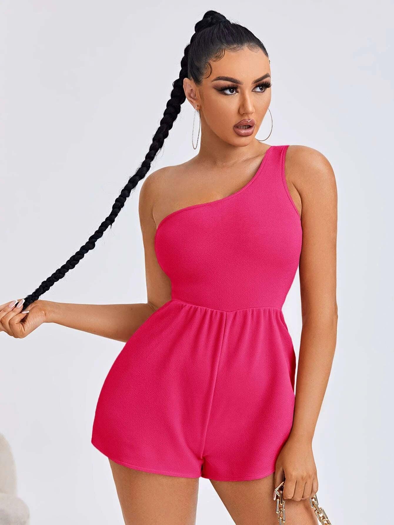 Solid One Shoulder Romper-Comfy Jumpsuits