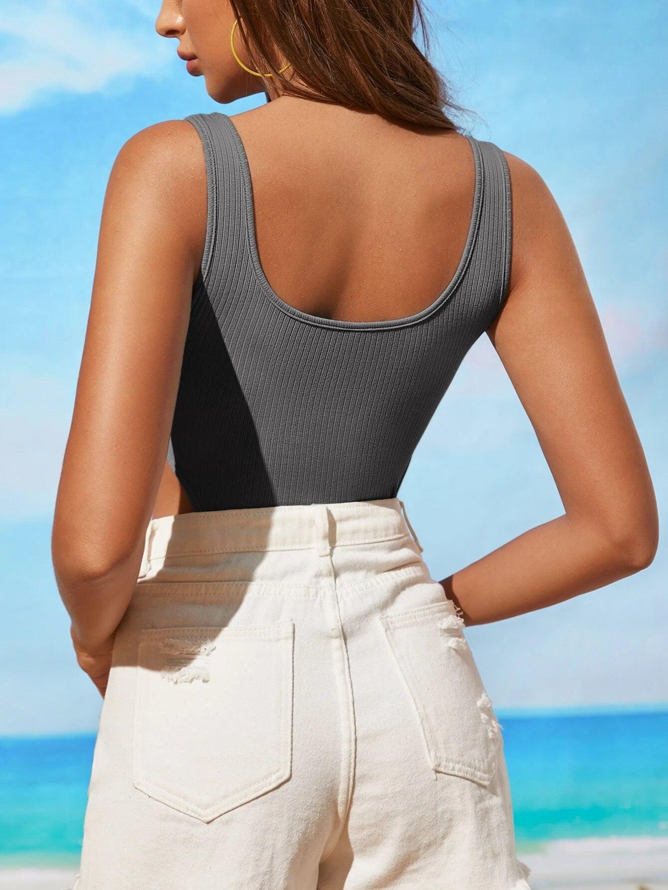 Ribbed Knit High Cut Tank Bodysuit-Comfy Jumpsuits