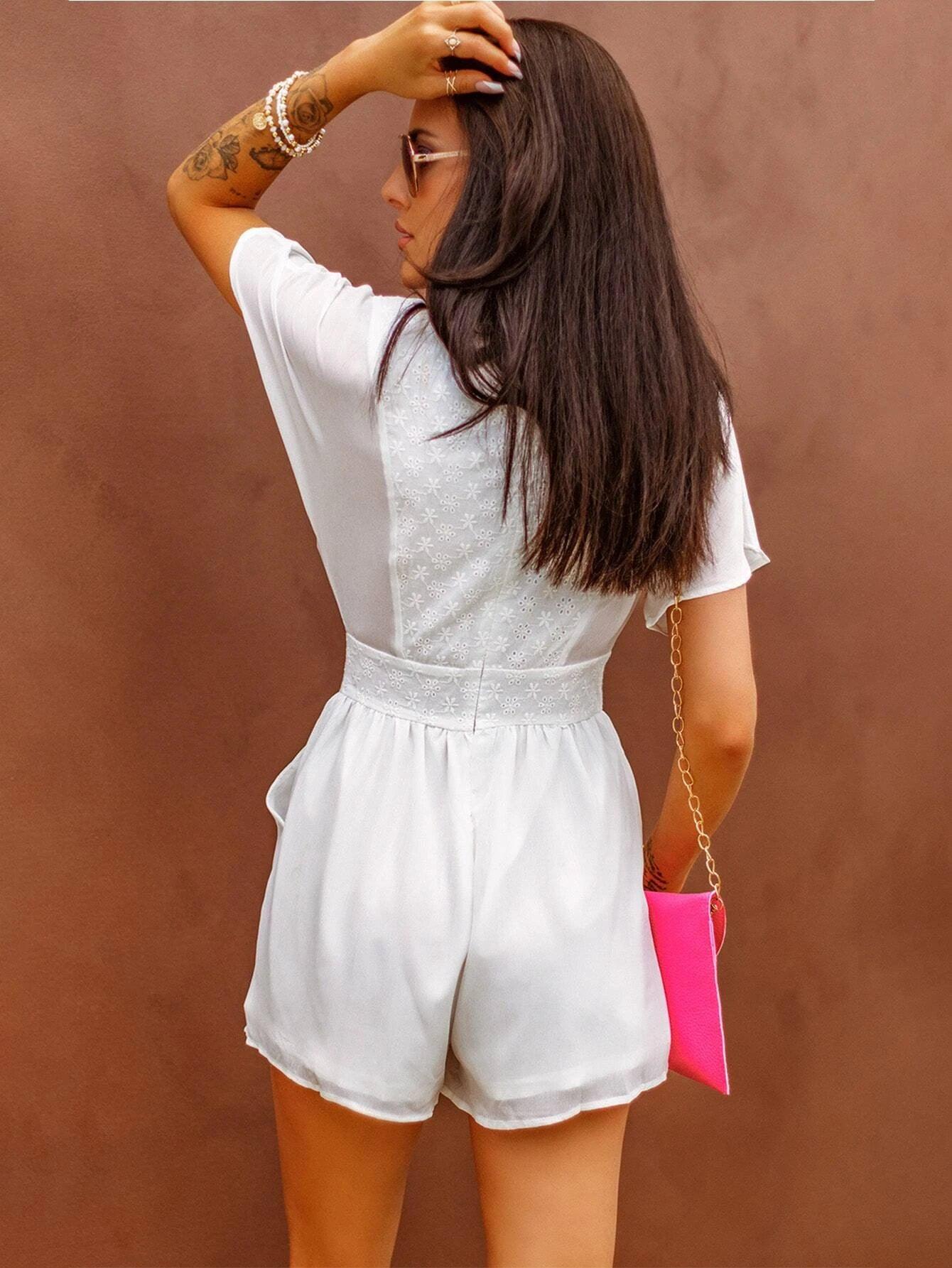 Plunging Neck Eyelet Embroidery Romper-Comfy Jumpsuits