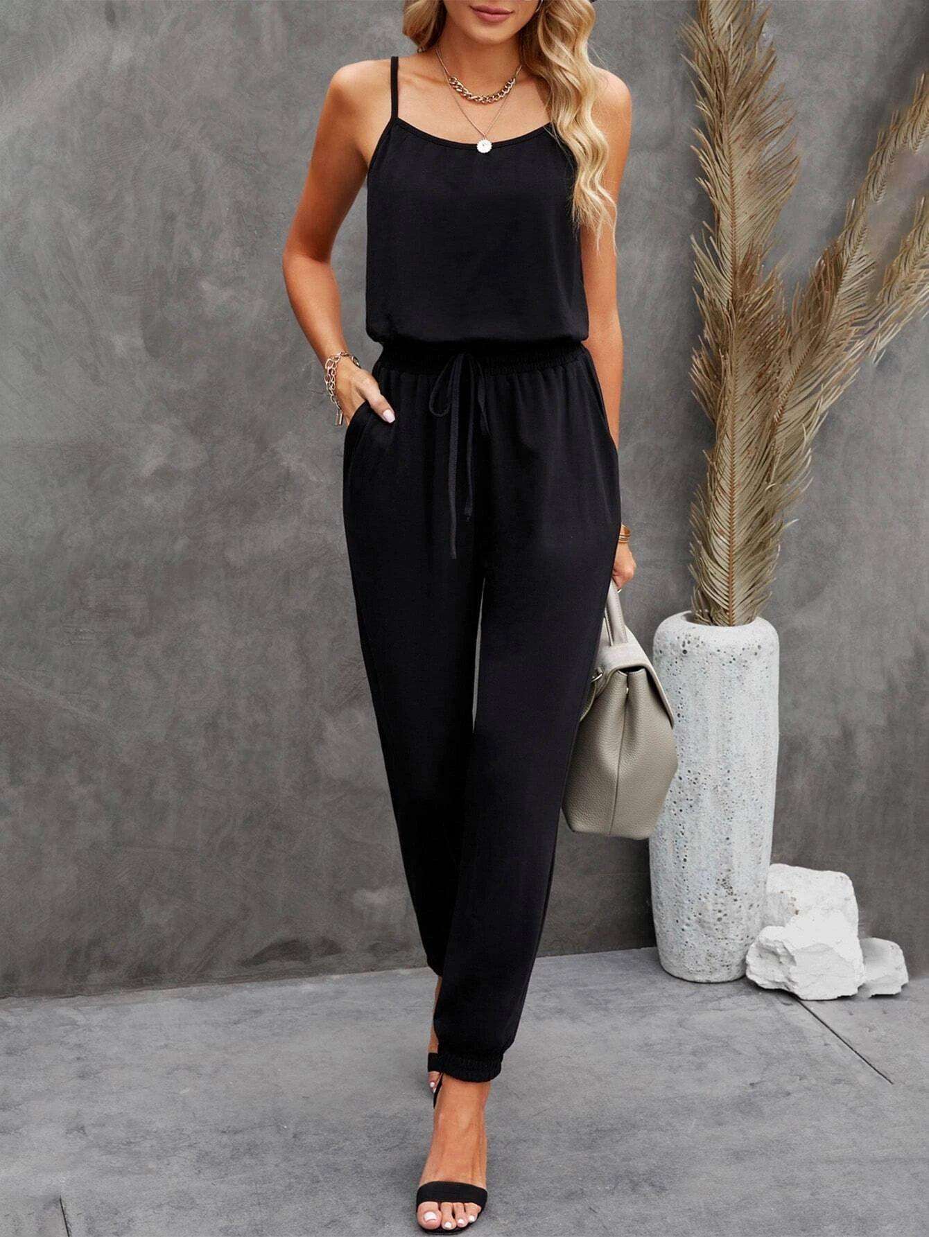 Solid Knot Front Cami Jumpsuit-Comfy Jumpsuits