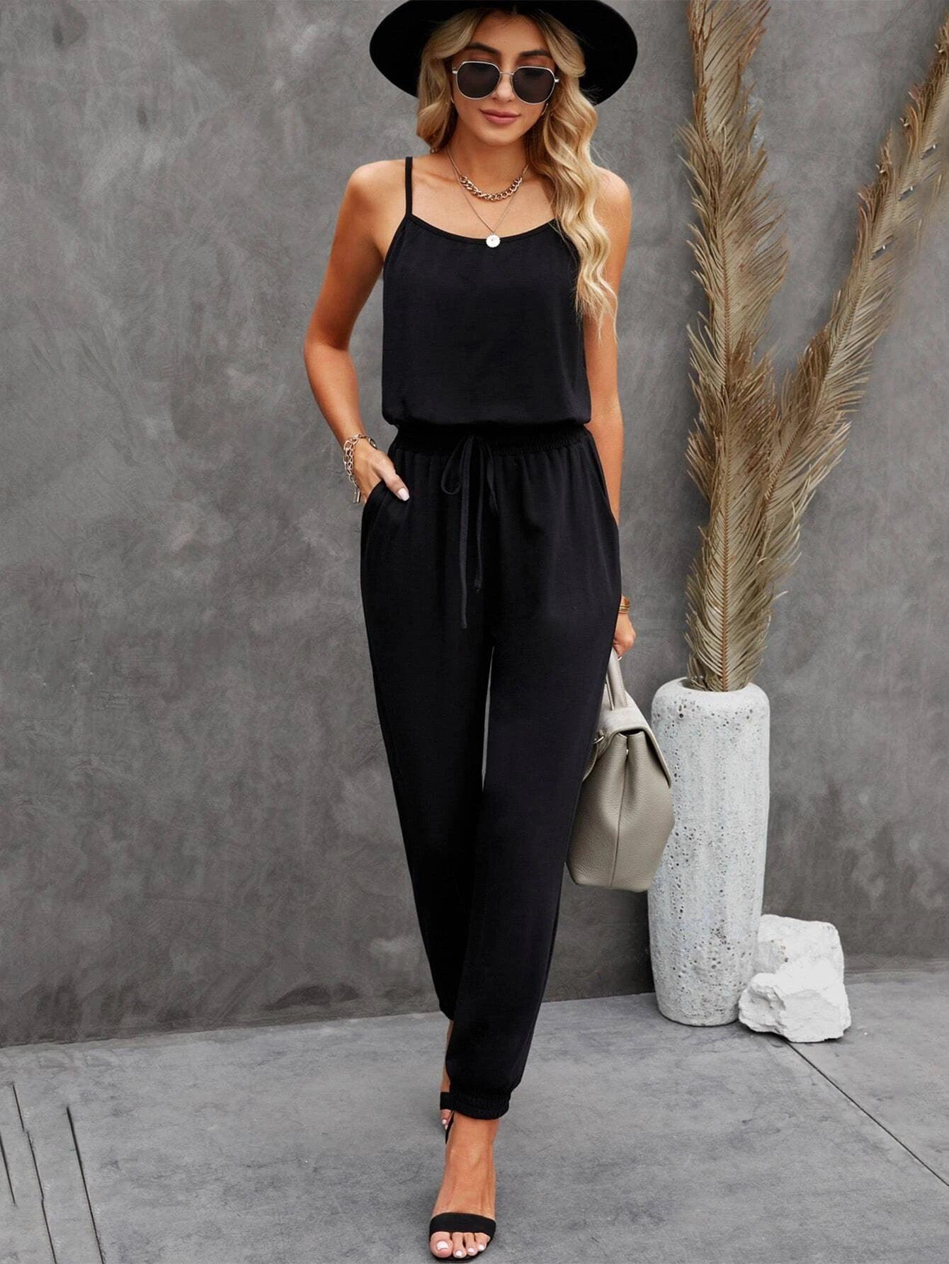 Solid Knot Front Cami Jumpsuit-Comfy Jumpsuits