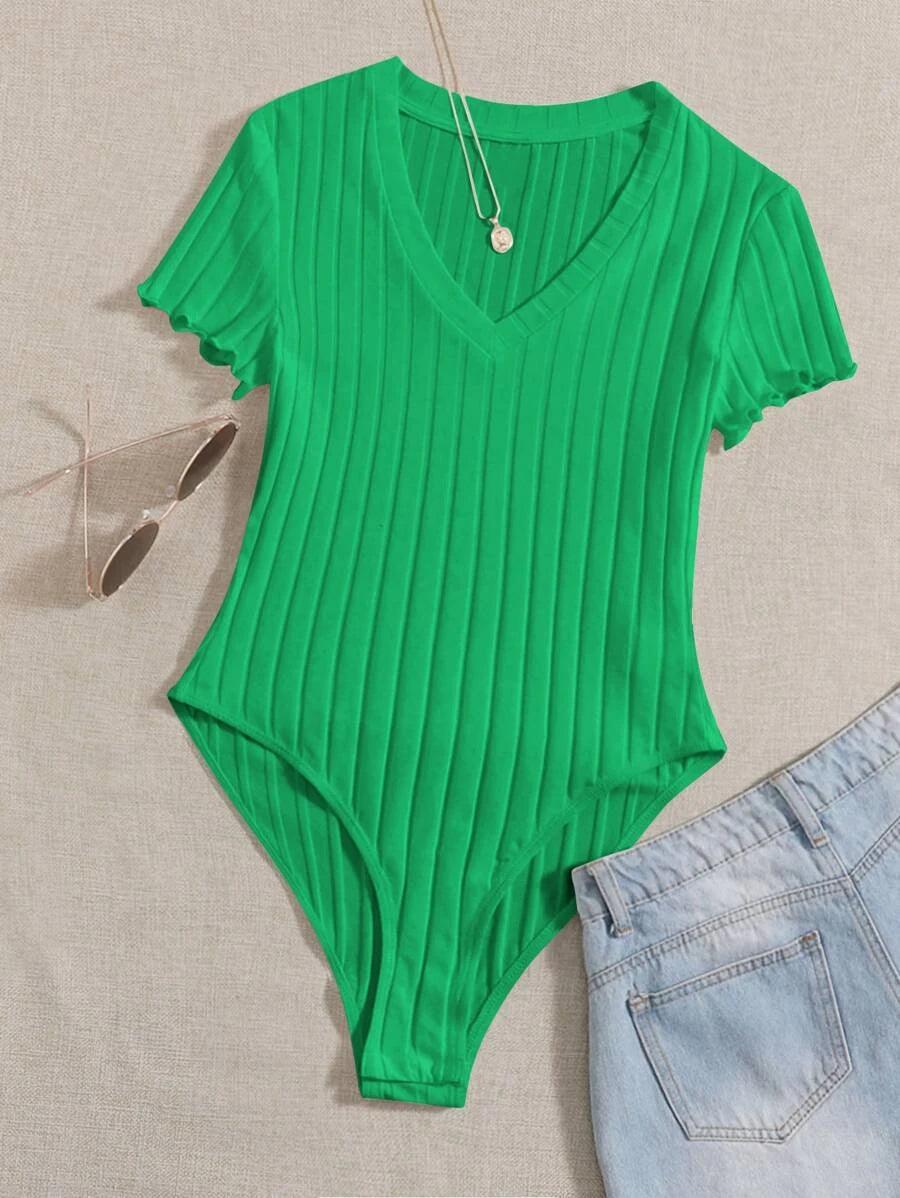 Lettuce Trim Rib Knit Bodysuit-Comfy Jumpsuits