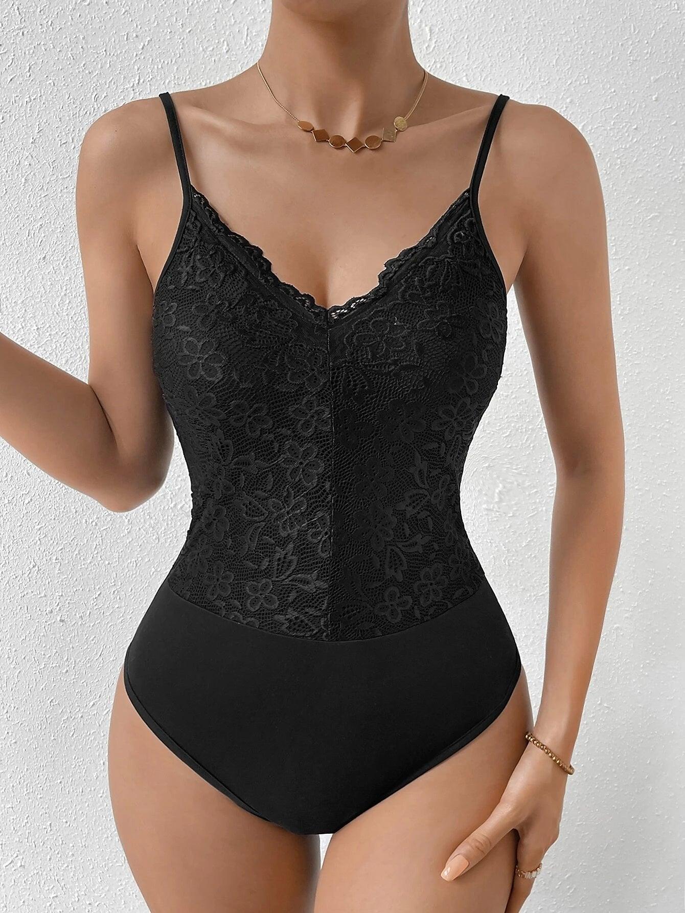 Contrast Lace Cami Bodysuit-Comfy Jumpsuits