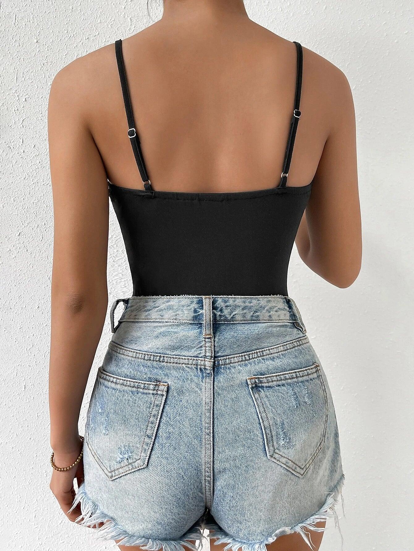 Contrast Lace Cami Bodysuit-Comfy Jumpsuits