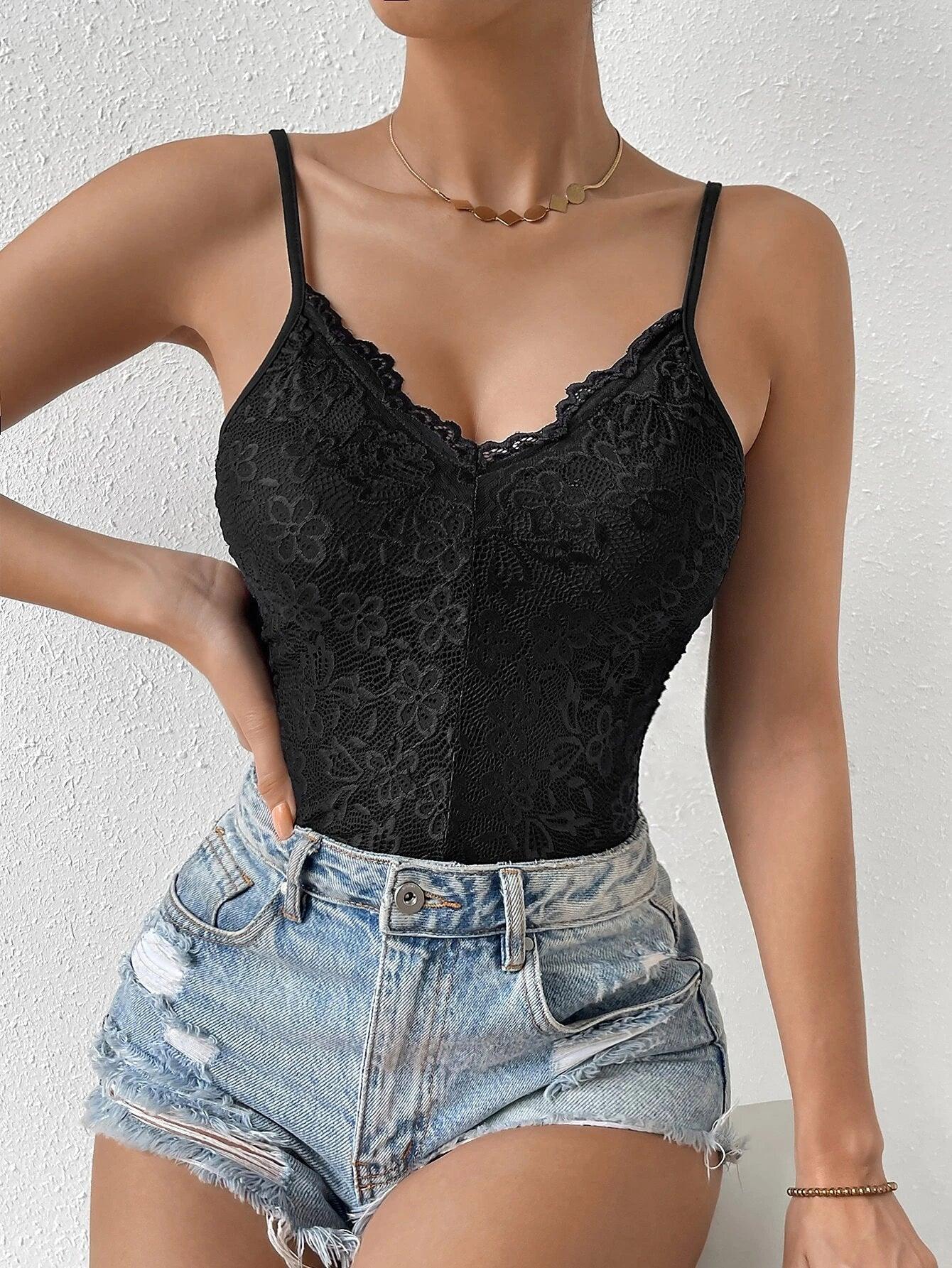 Contrast Lace Cami Bodysuit-Comfy Jumpsuits