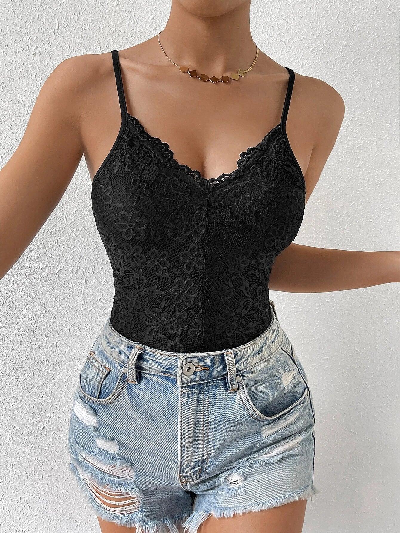 Contrast Lace Cami Bodysuit-Comfy Jumpsuits