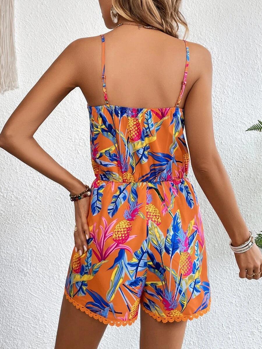 Fruity Leaf Tropical Print Cami Romper-Comfy Jumpsuits