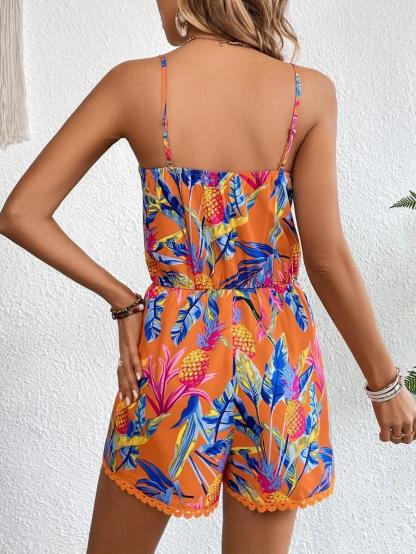 Fruity Leaf Tropical Print Cami Romper-Comfy Jumpsuits