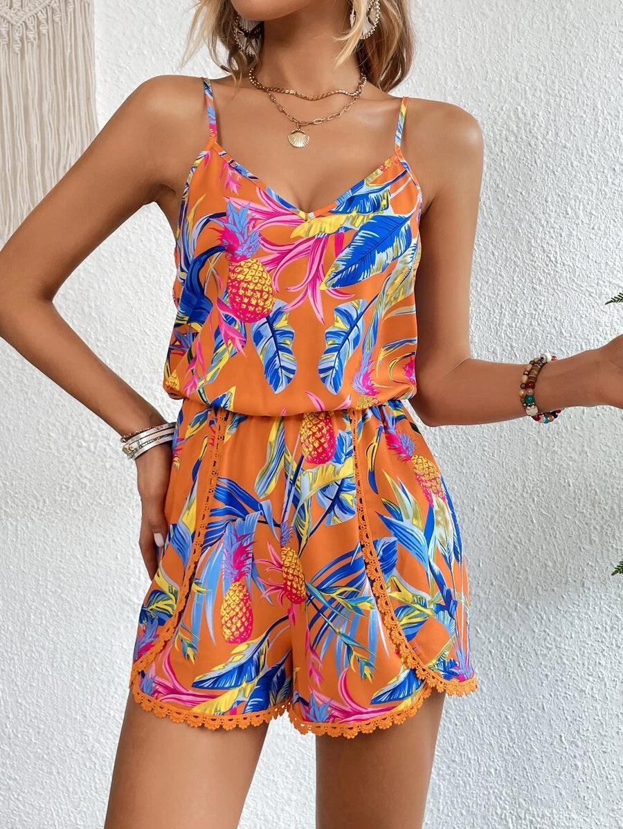 Fruity Leaf Tropical Print Cami Romper-Comfy Jumpsuits