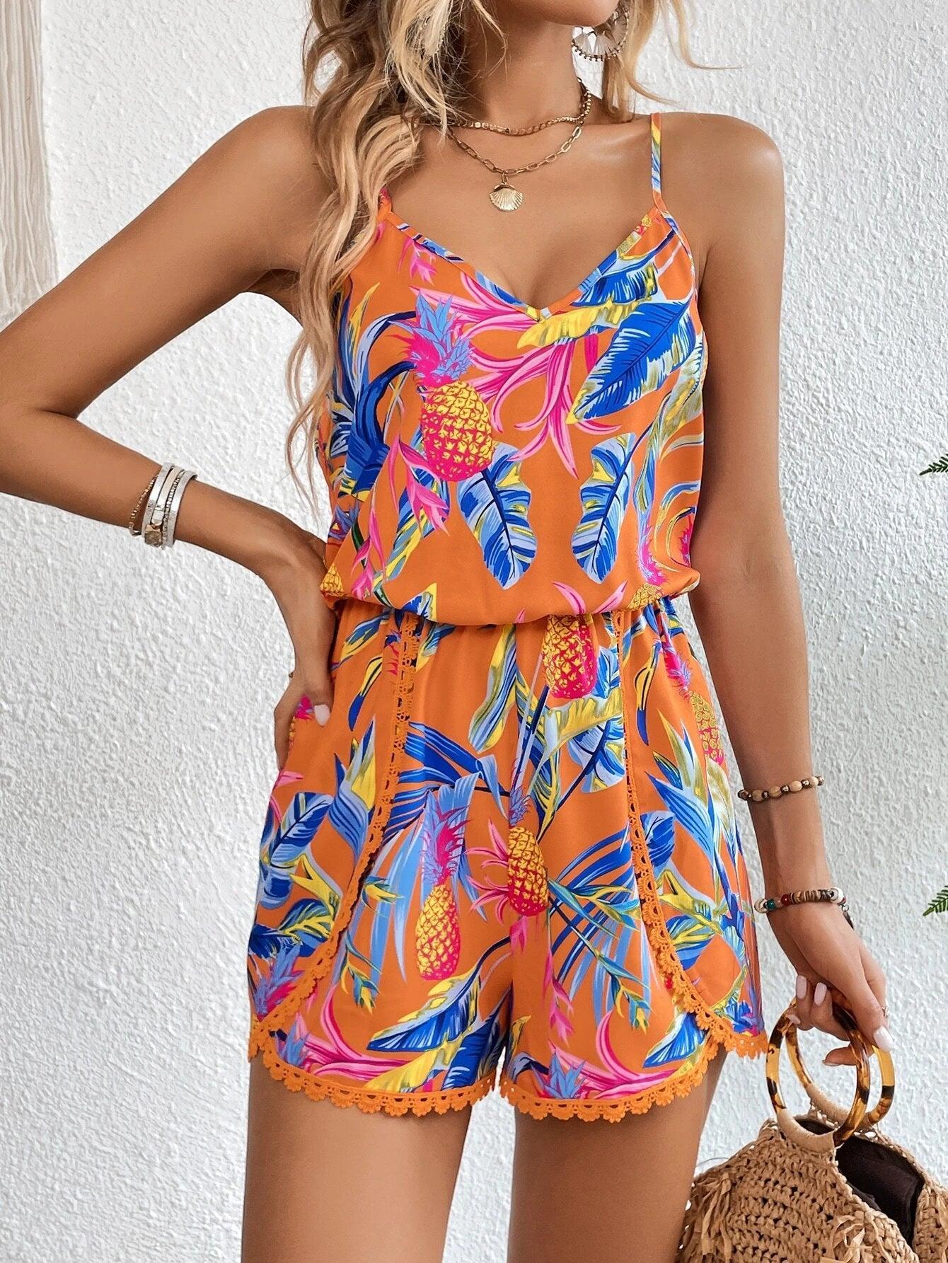 Fruity Leaf Tropical Print Cami Romper-Comfy Jumpsuits