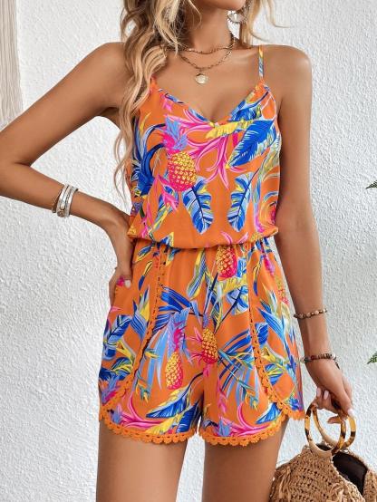 Fruity Leaf Tropical Print Cami Romper-Comfy Jumpsuits
