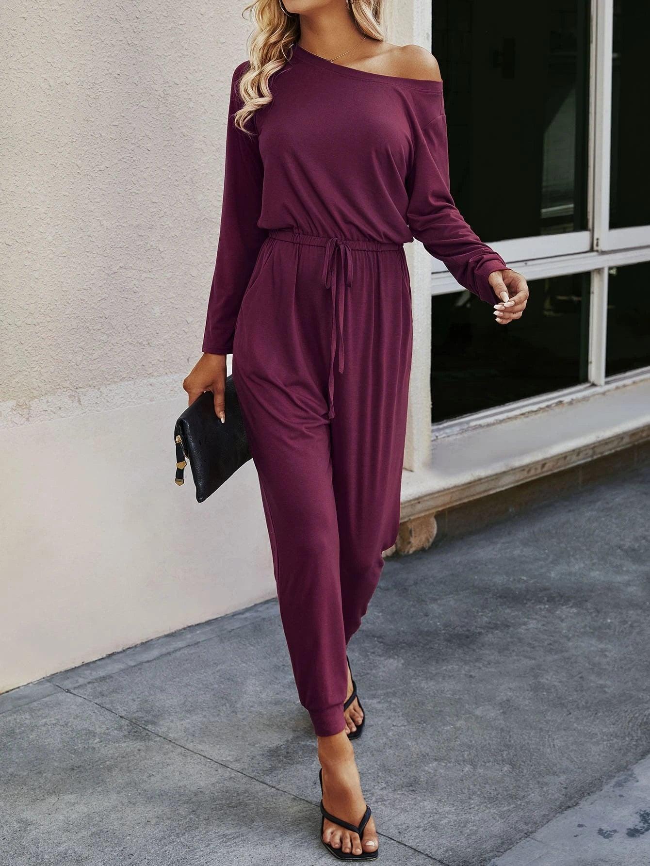 Knot Waist Solid Jumpsuit-Comfy Jumpsuits