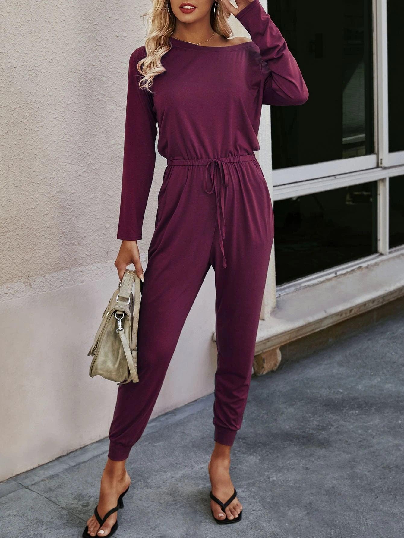 Knot Waist Solid Jumpsuit-Comfy Jumpsuits