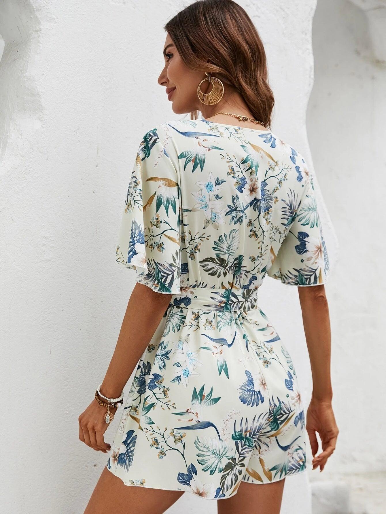 Tropical Print Butterfly Sleeve Belted Romper-Comfy Jumpsuits