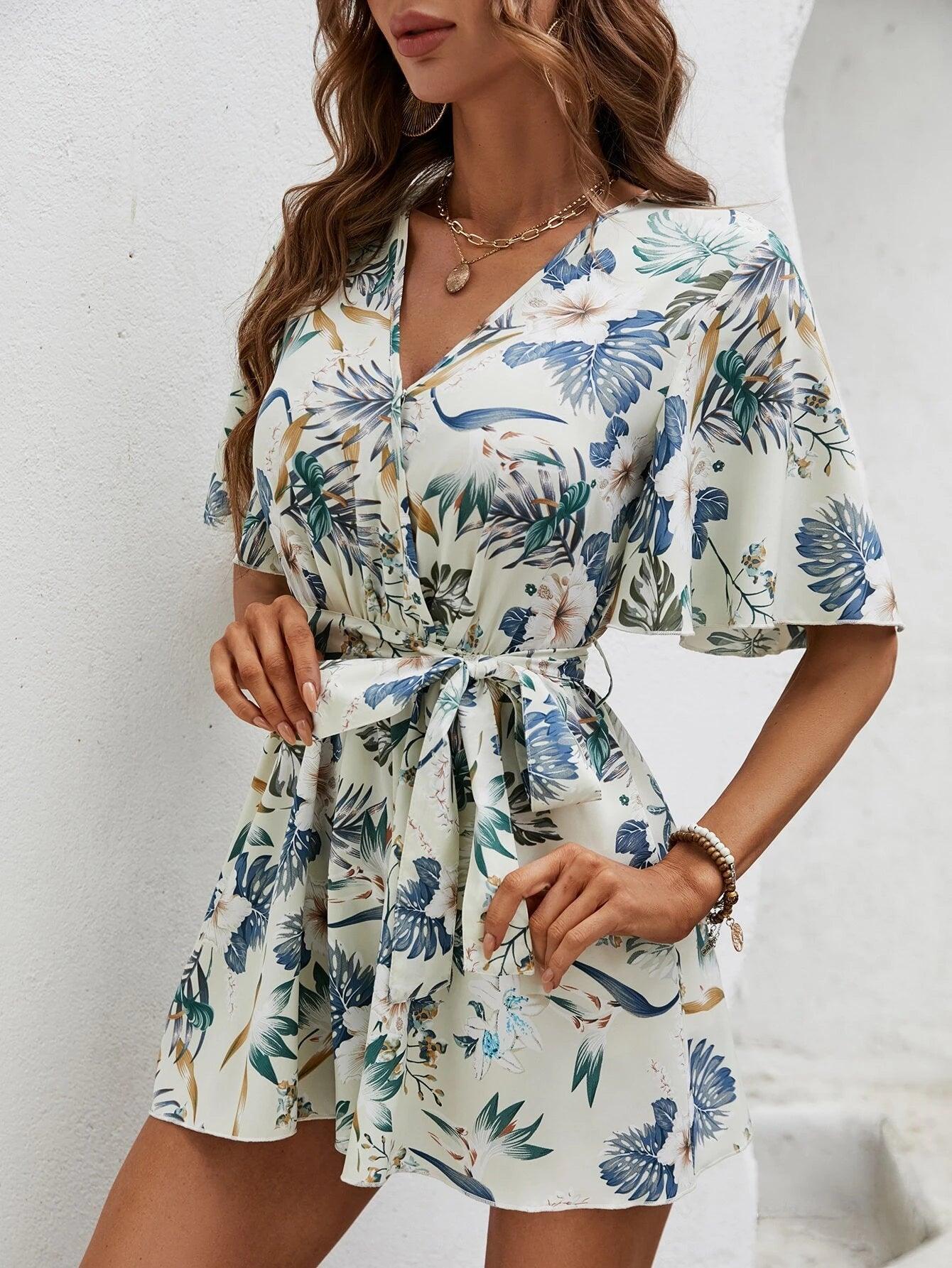 Tropical Print Butterfly Sleeve Belted Romper-Comfy Jumpsuits