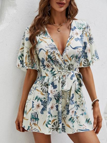 Tropical Print Butterfly Sleeve Belted Romper-Comfy Jumpsuits