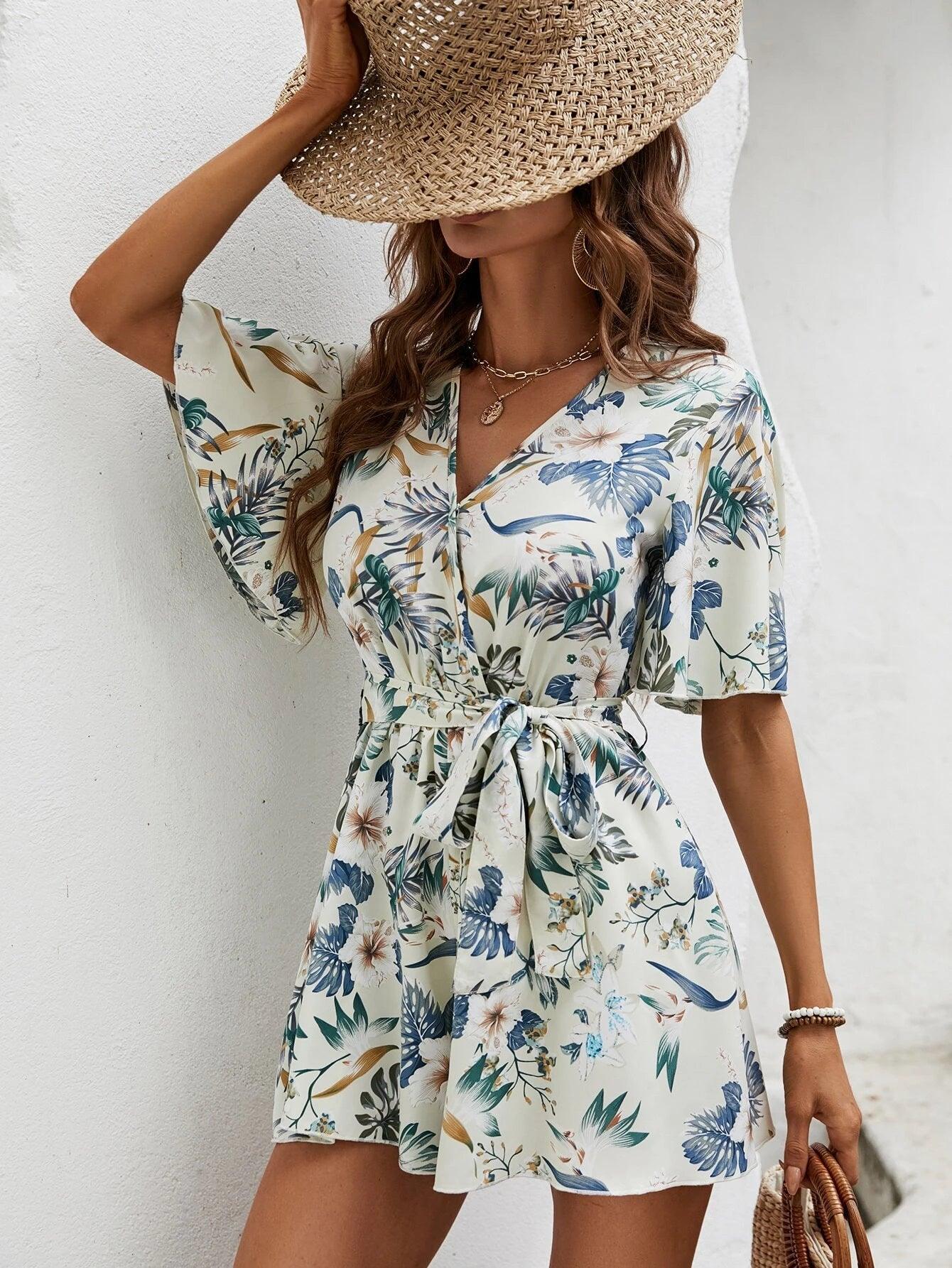 Tropical Print Butterfly Sleeve Belted Romper-Comfy Jumpsuits