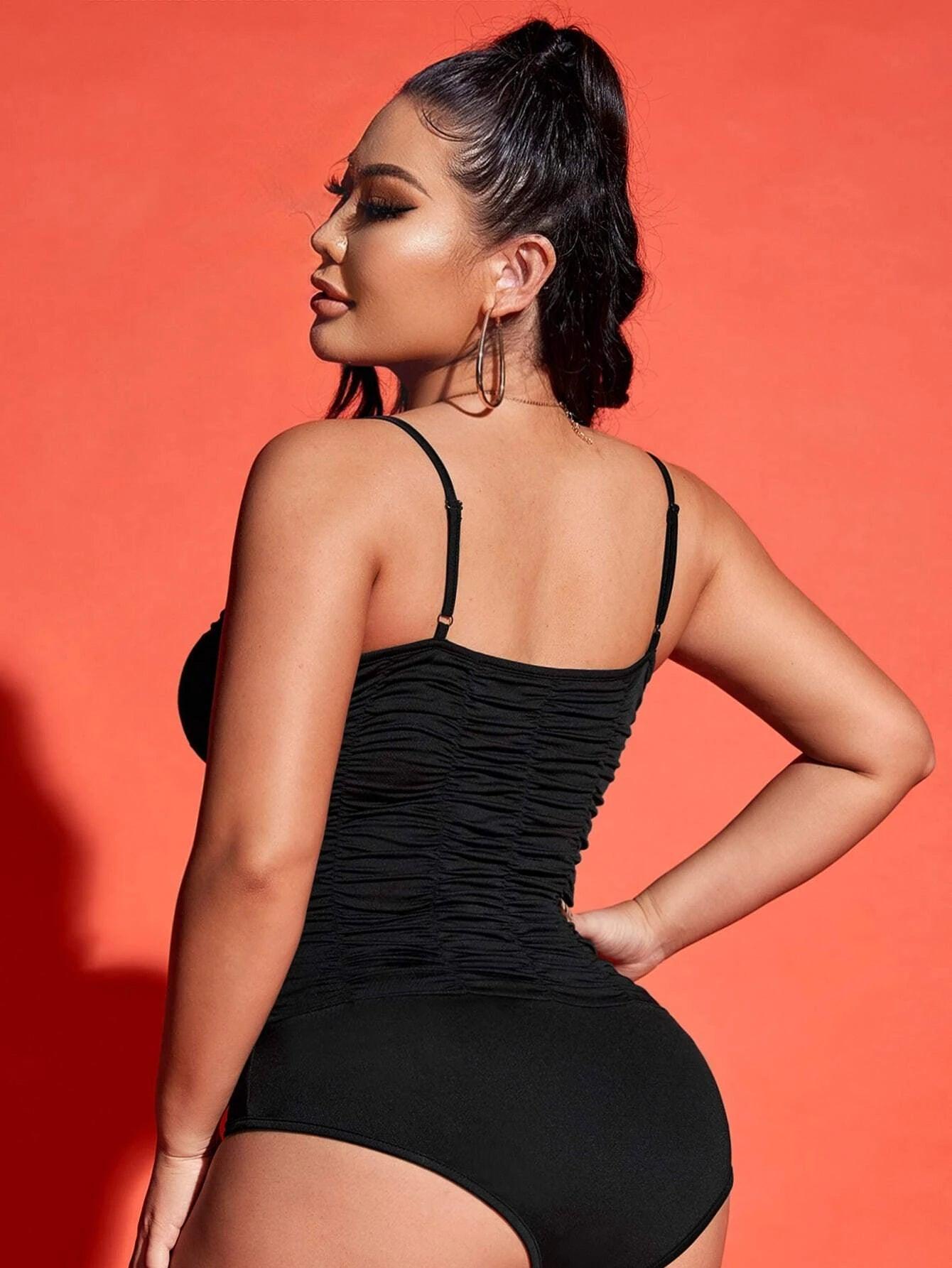 Solid Ruched Tie Shoulder Cami Bodysuit-Comfy Jumpsuits