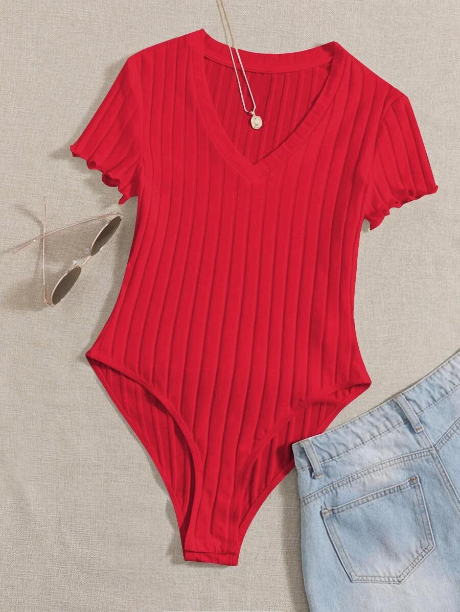 Lettuce Trim Rib Knit Bodysuit-Comfy Jumpsuits