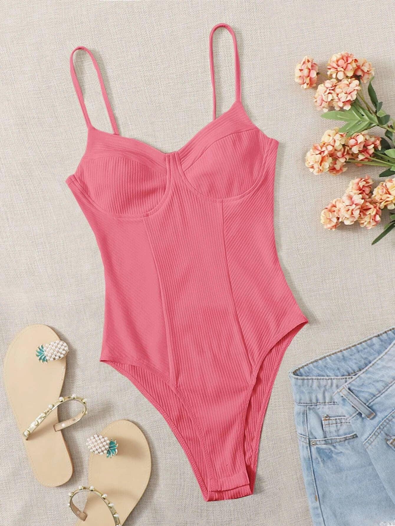 Colored Rib-Knit Bodysuit-Comfy Jumpsuits