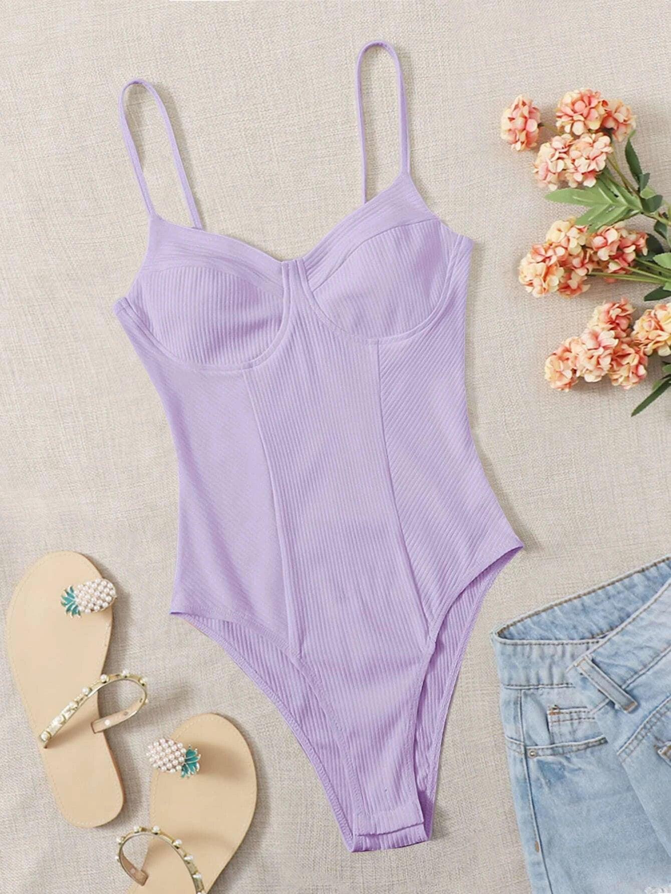 Sleeveless Colored Rib-Knit Bodysuit-Comfy Jumpsuits