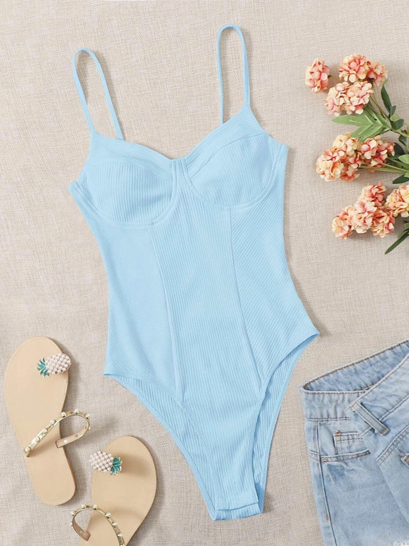 Sleeveless Colored Rib-Knit Bodysuit-Comfy Jumpsuits