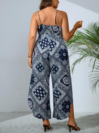 Paisley and Scarf Print Belted Cami Jumpsuit-Comfy Jumpsuits