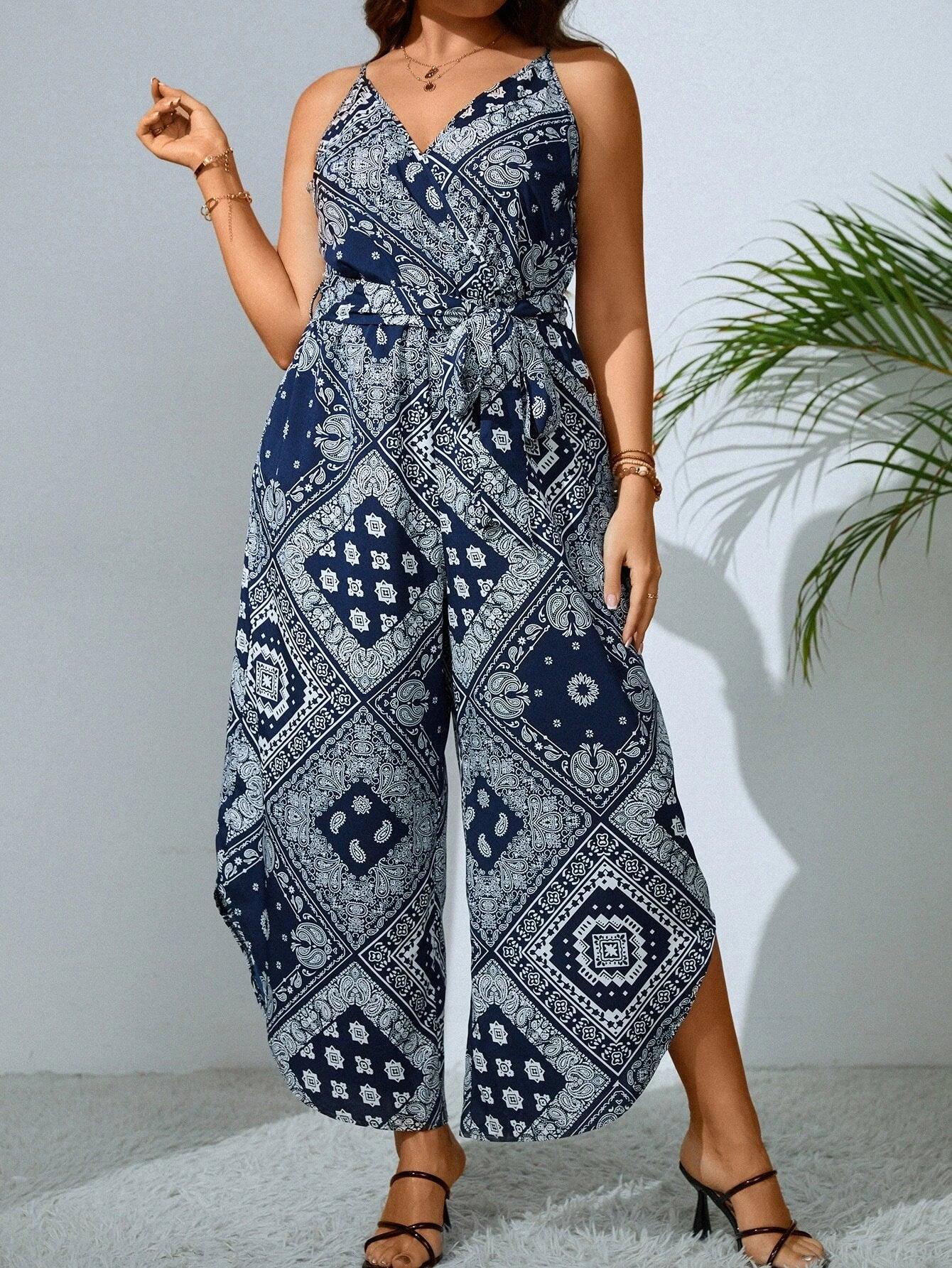 Paisley and Scarf Print Belted Cami Jumpsuit-Comfy Jumpsuits