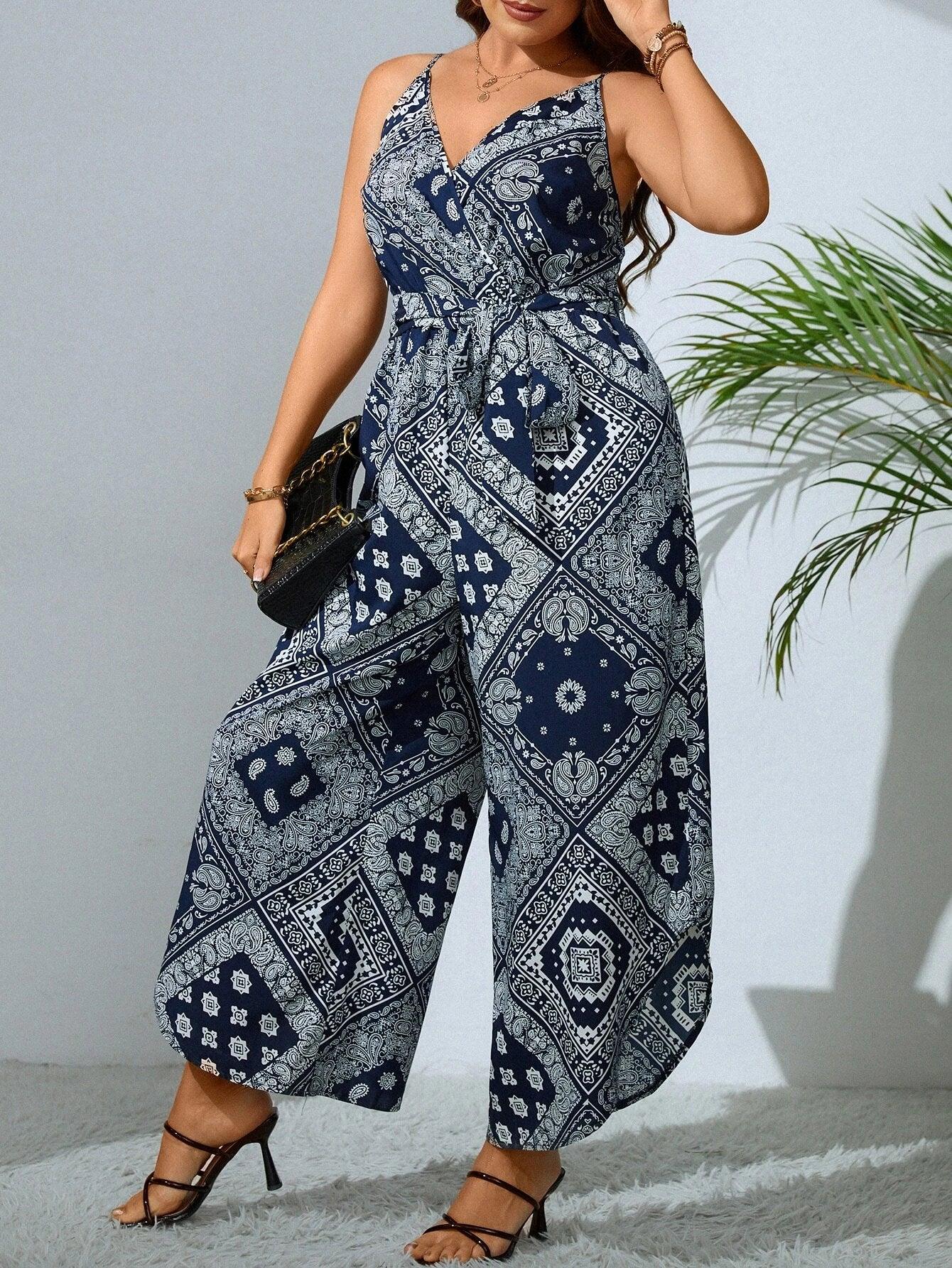 Paisley and Scarf Print Belted Cami Jumpsuit-Comfy Jumpsuits
