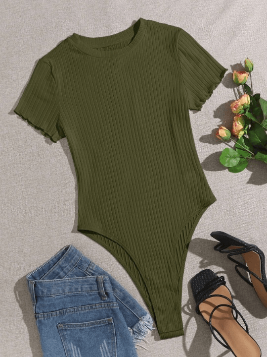 Lettuce Trim Ribbed Knit Bodysuit-Comfy Jumpsuits