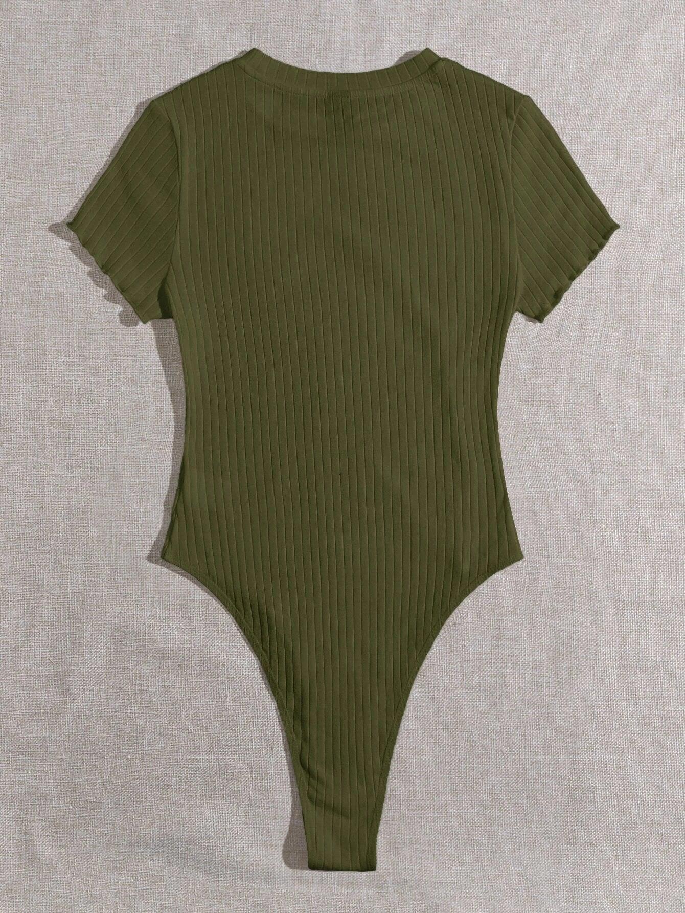 Lettuce Trim Ribbed Knit Bodysuit-Comfy Jumpsuits