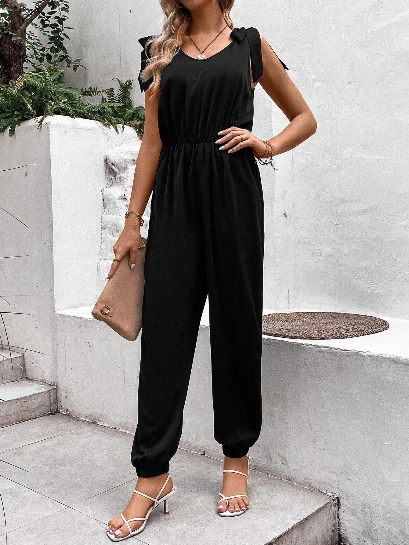 Knot Shoulder Cut Out Back Jumpsuit-Comfy Jumpsuits