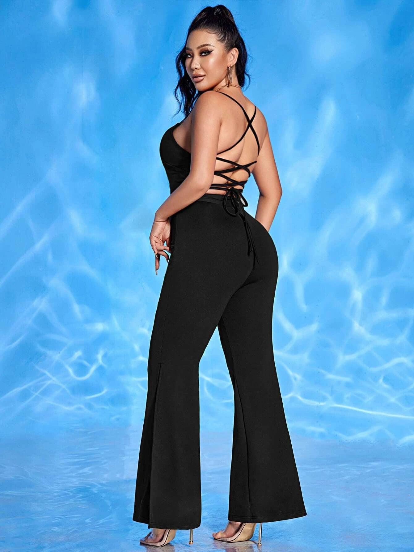Lace Up Backless Split High Cami Jumpsuit-Comfy Jumpsuits