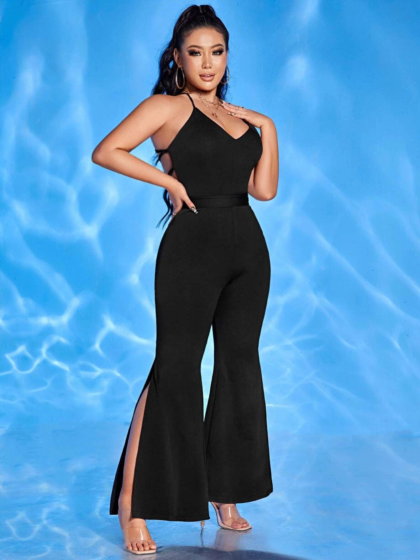 Lace Up Backless Split High Cami Jumpsuit-Comfy Jumpsuits