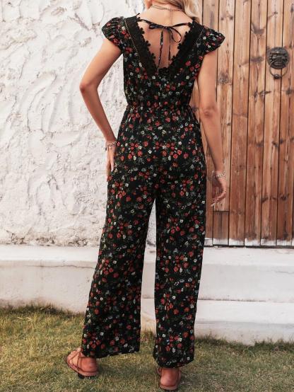 Floral Print Tie Back Jumpsuit-Comfy Jumpsuits
