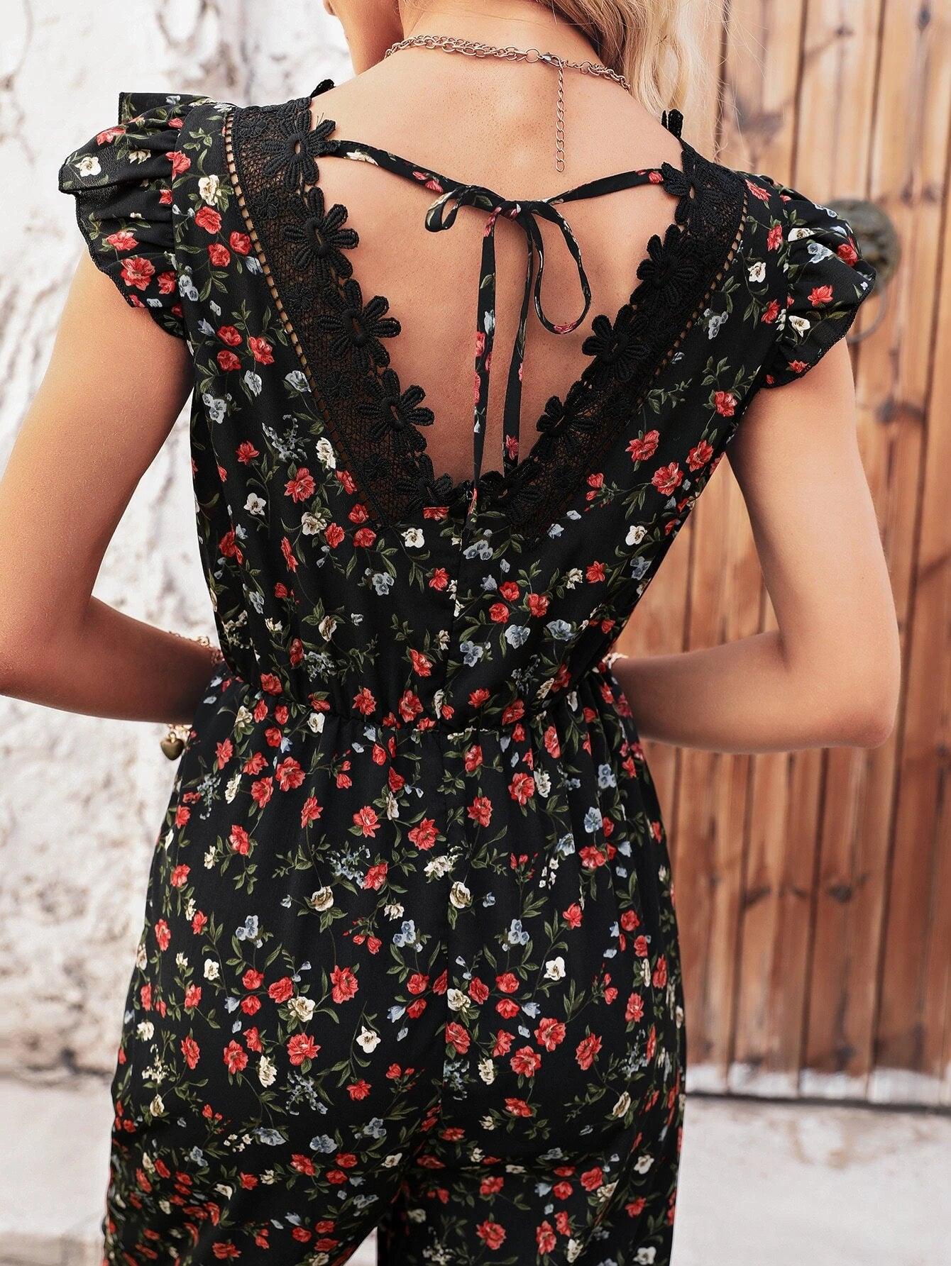 Floral Print Tie Back Jumpsuit-Comfy Jumpsuits